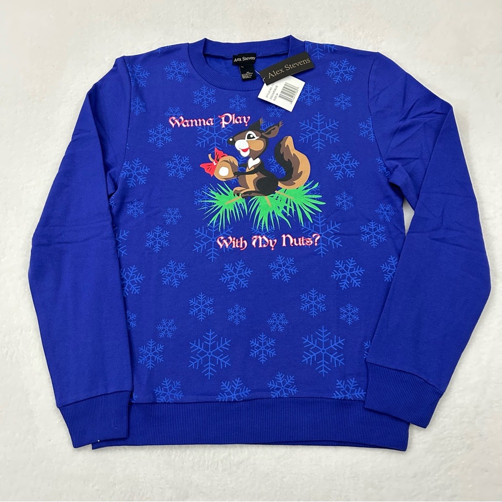 Alex Stevens Squirrel Wanna Play With My Nuts Blue Ugly Christmas Sweater Size M